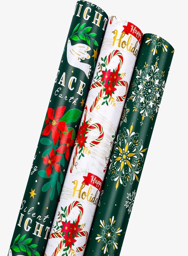 MAYPLUSS Green Christmas Wrapping Paper - 17In x 120In Per Roll - Elegant Gold Red Poinsettia, Vintage Snowflake, Peaceful Dove & Olive Branch in Flight Winter Gift Wrap for Christmas, Holiday, Party - Image 1